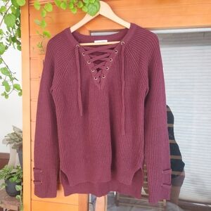 Oversized Ribbed Burgandy Lace-up Cozy Sweater XL